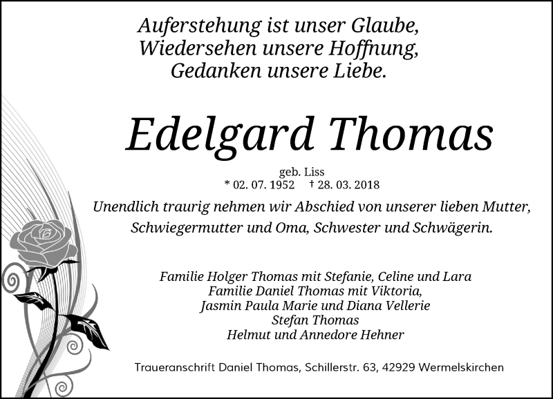  Traueranzeige für Edelgard Thomas vom 31.03.2018 aus Rheinische Post