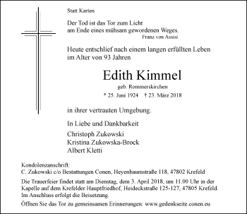Traueranzeige von Edith Kimmel von Rheinische Post