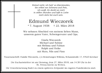 Traueranzeige von Edmund Wieczorek von Rheinische Post