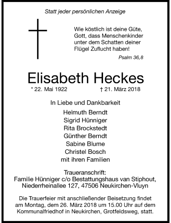 Traueranzeige von Elisabeth Heckes von Rheinische Post