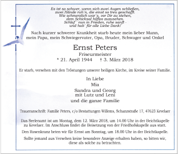 Traueranzeige von Ernst Peters von Rheinische Post