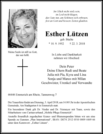 Traueranzeige von Esther Lützen von Rheinische Post