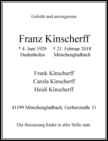 Traueranzeige von Franz Kinscherff von Rheinische Post