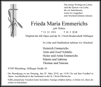 Traueranzeige von Frieda Maria Emmerichs von Rheinische Post