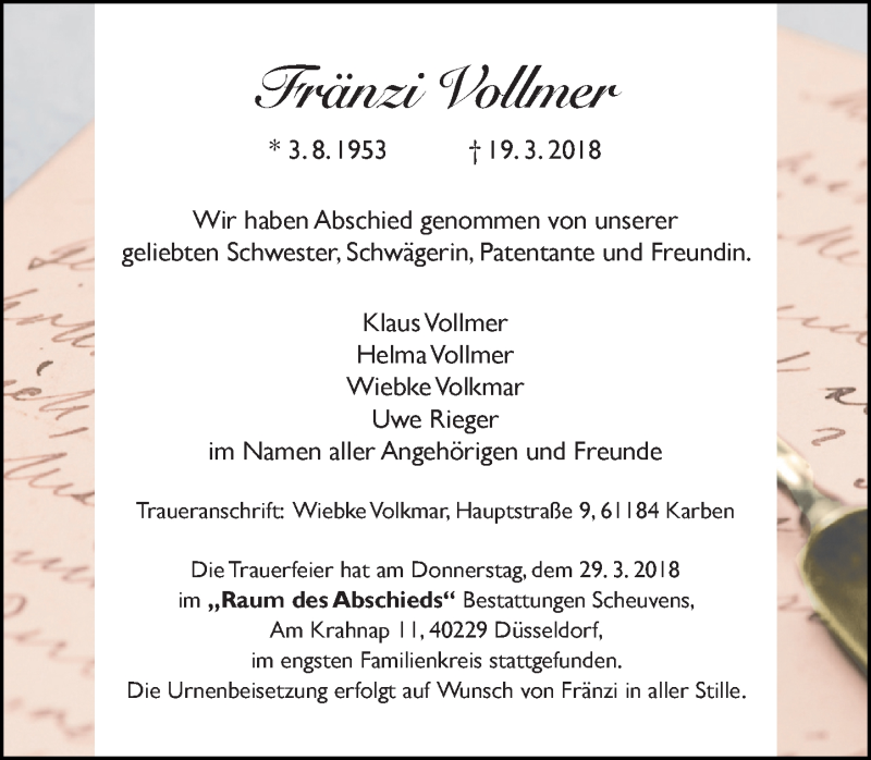  Traueranzeige für Fränzi Vollmer vom 31.03.2018 aus Rheinische Post