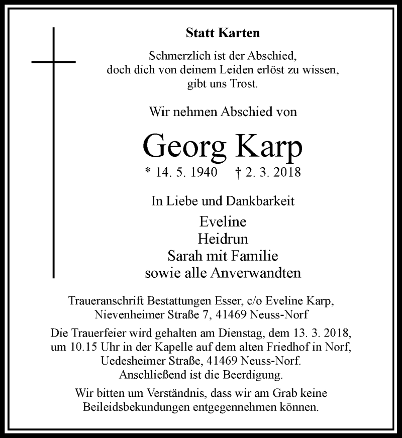  Traueranzeige für Georg Karp vom 06.03.2018 aus Rheinische Post