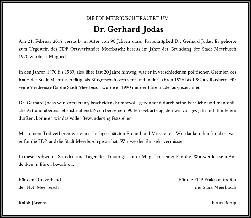  Traueranzeige für Gerhard Jodas vom 03.03.2018 aus Rheinische Post