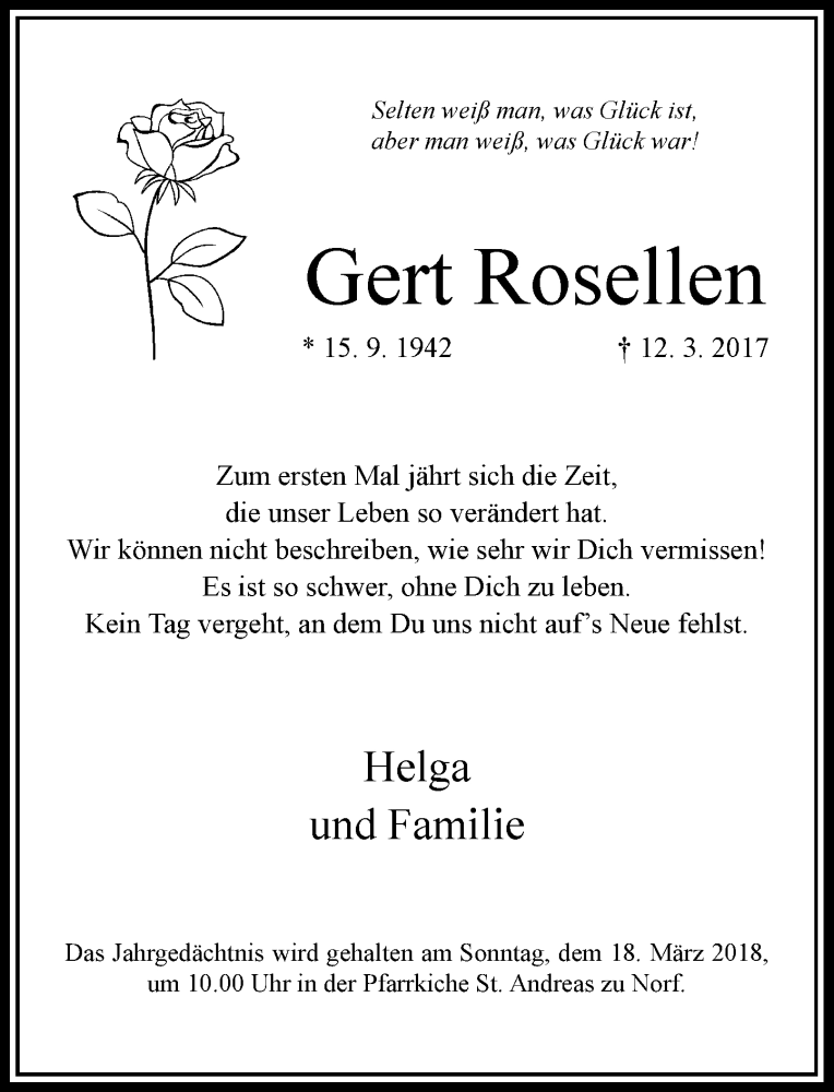  Traueranzeige für Gert Rosellen vom 10.03.2018 aus Rheinische Post