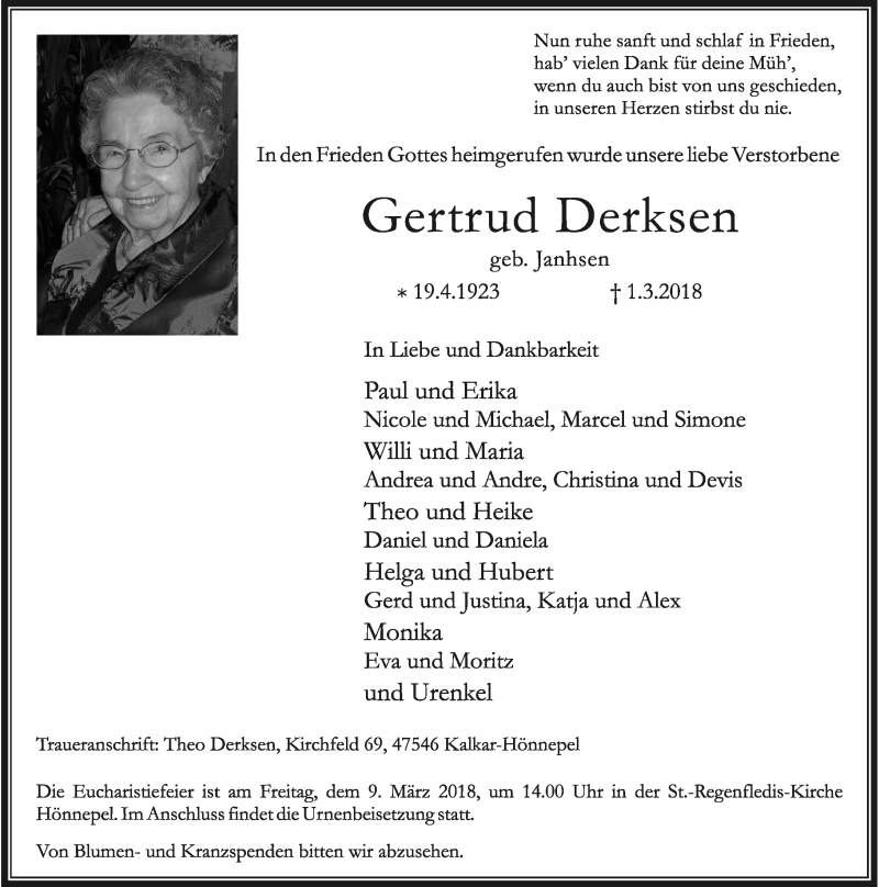  Traueranzeige für Gertrud Derksen vom 06.03.2018 aus Rheinische Post