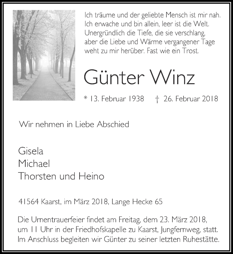  Traueranzeige für Günter Winz vom 03.03.2018 aus Rheinische Post