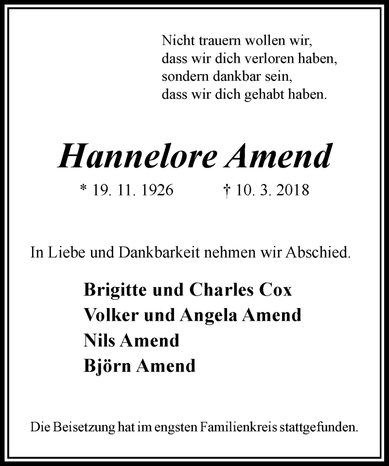  Traueranzeige für Hannelore Amend vom 24.03.2018 aus Rheinische Post