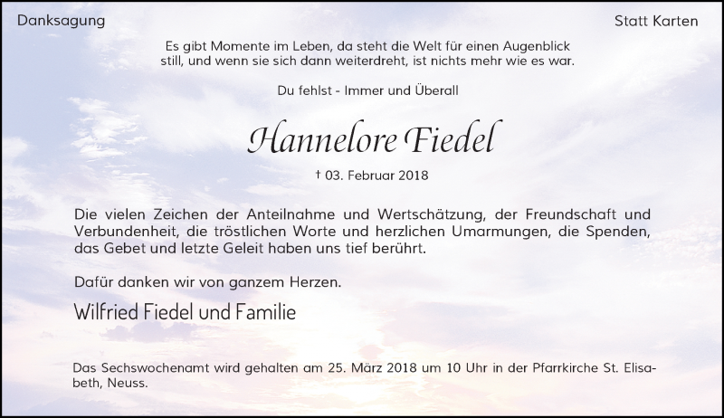  Traueranzeige für Hannelore Fiedel vom 17.03.2018 aus Rheinische Post