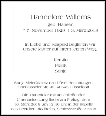 Traueranzeige von Hannelore Willems von Rheinische Post