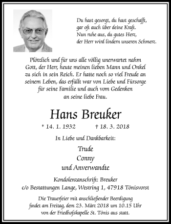 Traueranzeige von Hans Breuker von Rheinische Post