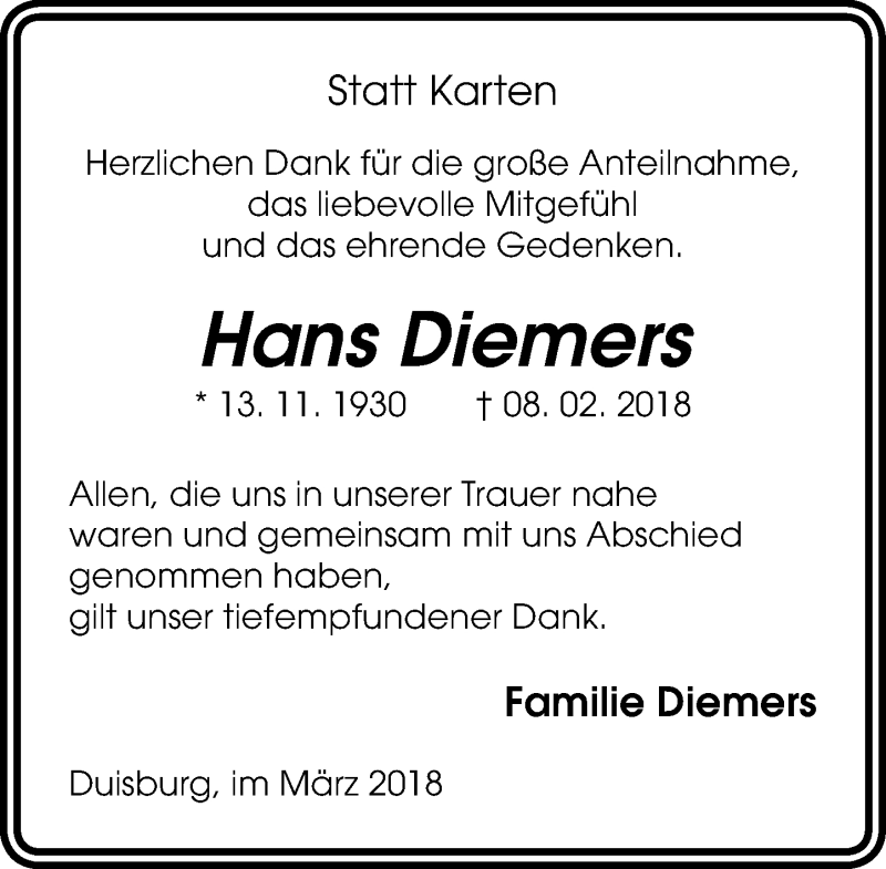  Traueranzeige für Hans Diemers vom 17.03.2018 aus Rheinische Post