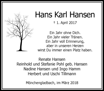 Traueranzeige von Hans Karl Hansen von Rheinische Post