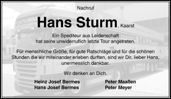 Traueranzeige von Hans Sturm Kaarst von Rheinische Post