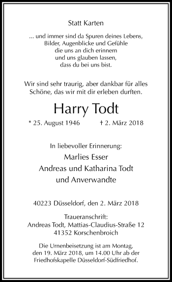 Traueranzeige von Harry Todt von Rheinische Post