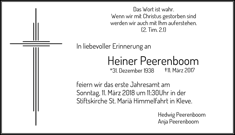  Traueranzeige für Heiner Peerenboom vom 03.03.2018 aus Rheinische Post