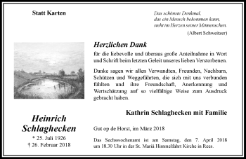 Traueranzeige von Heinrich Schlaghecken von Rheinische Post