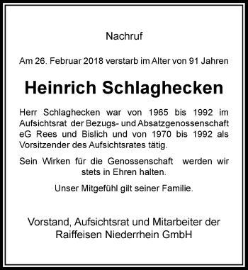 Traueranzeige von Heinrich Schlaghecken von Rheinische Post