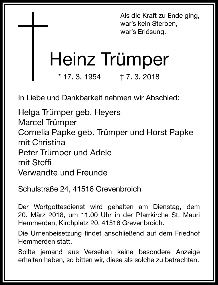  Traueranzeige für Heinz Trümper vom 14.03.2018 aus Rheinische Post