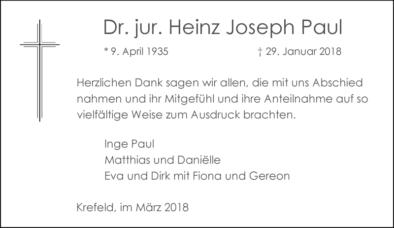  Traueranzeige für Heinz Joseph Paul vom 24.03.2018 aus Rheinische Post