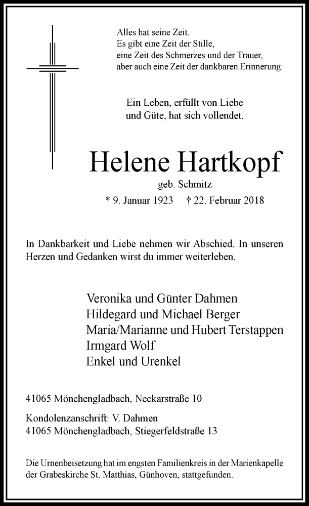  Traueranzeige für Helene Hartkopf vom 10.03.2018 aus Rheinische Post
