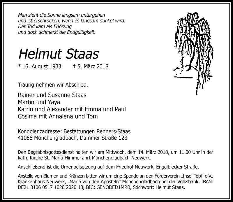  Traueranzeige für Helmut Staas vom 10.03.2018 aus Rheinische Post