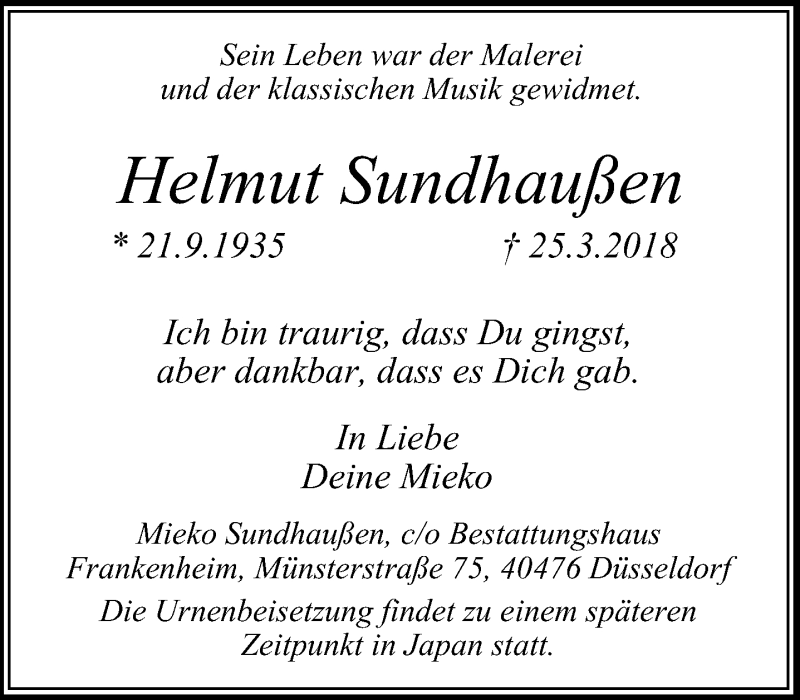  Traueranzeige für Helmut Sundhaußen vom 31.03.2018 aus Rheinische Post