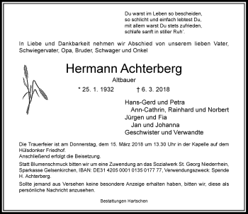 Traueranzeige von Hermann Achterberg von Rheinische Post