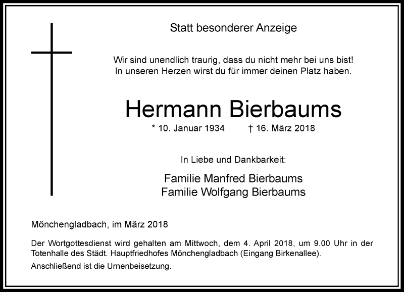  Traueranzeige für Hermann Bierbaums vom 31.03.2018 aus Rheinische Post