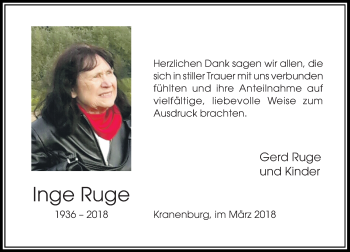 Traueranzeige von Inge Ruge von Rheinische Post