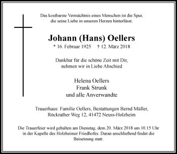 Traueranzeige von Johann Oellers von Rheinische Post