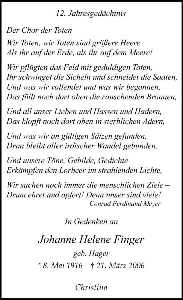  Traueranzeige für Johanne Helene Finger vom 21.03.2018 aus Rheinische Post