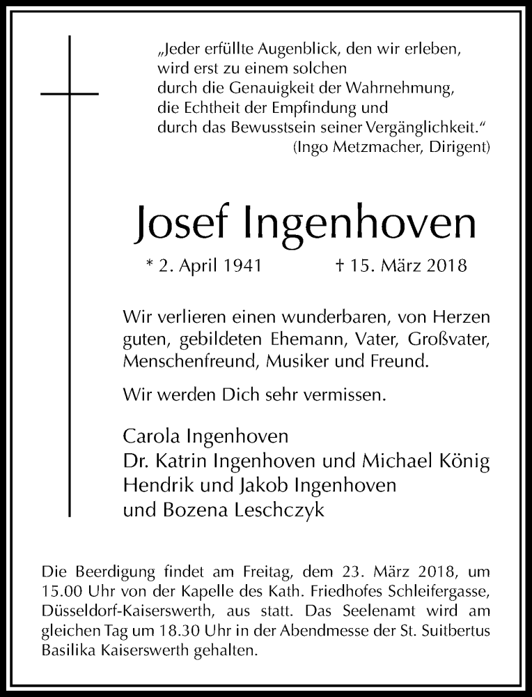  Traueranzeige für Josef Ingenhoven vom 21.03.2018 aus Rheinische Post