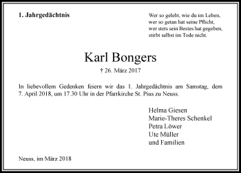 Traueranzeige von Karl Bongers von Rheinische Post