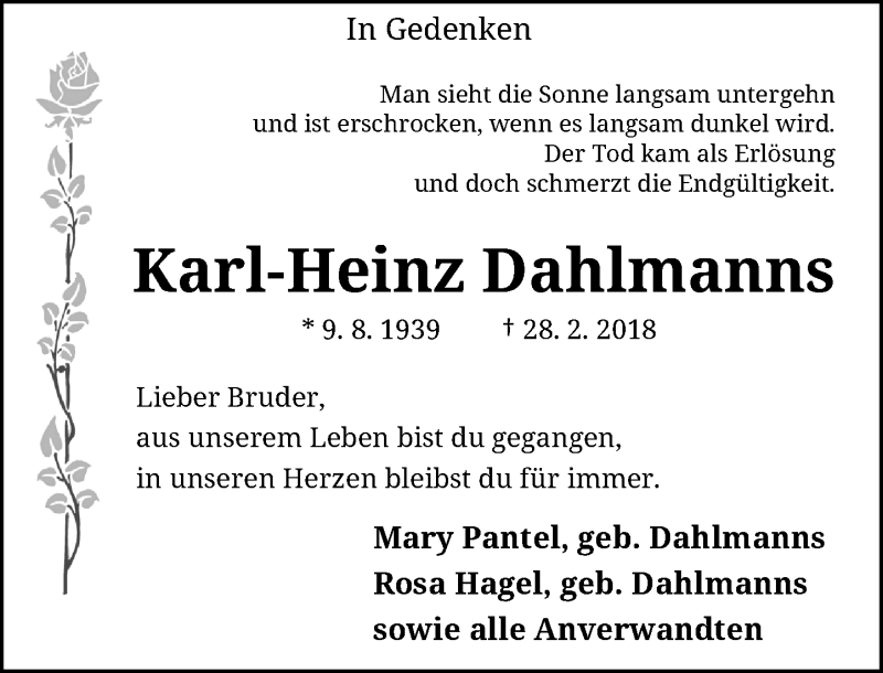  Traueranzeige für Karl-Heinz Dahlmanns vom 17.03.2018 aus Rheinische Post