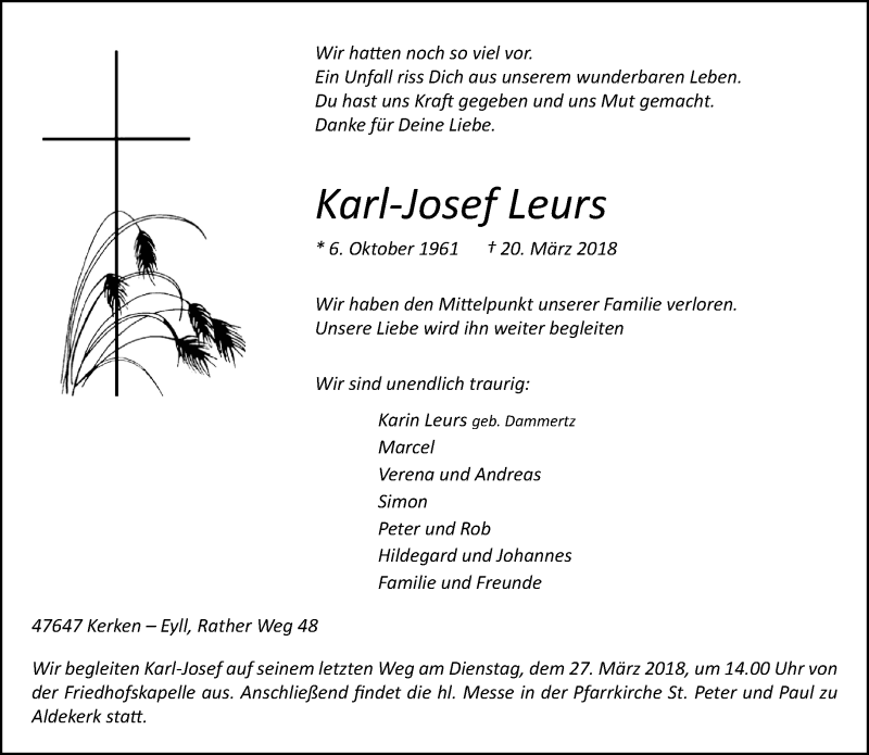  Traueranzeige für Karl-Josef Leurs vom 23.03.2018 aus Rheinische Post