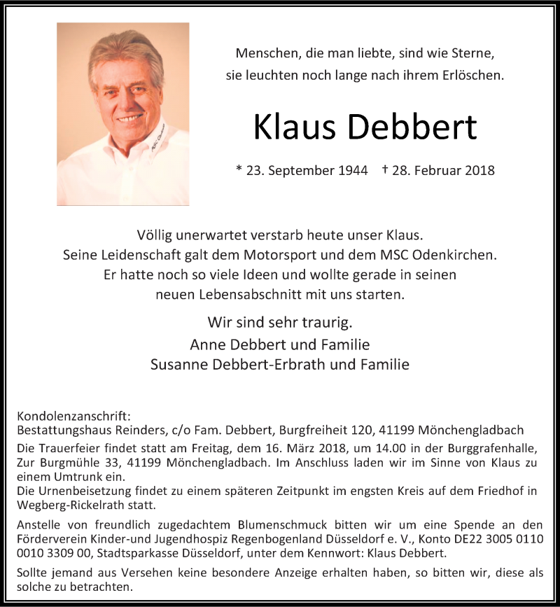  Traueranzeige für Klaus Debbert vom 10.03.2018 aus Rheinische Post