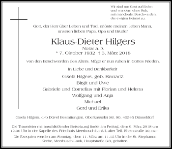Traueranzeige von Klaus-Dieter Hilgers von Rheinische Post