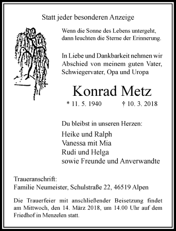 Traueranzeige von Konrad Metz von Rheinische Post
