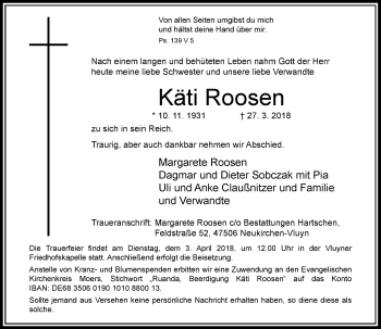 Traueranzeige von Käti Roosen von Rheinische Post