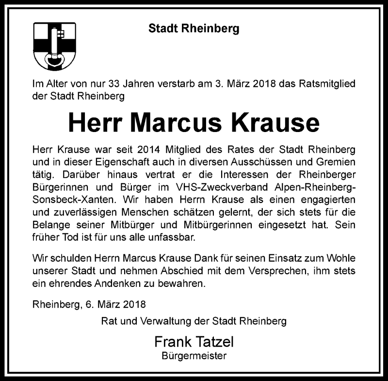  Traueranzeige für Marcus Krause vom 08.03.2018 aus Rheinische Post
