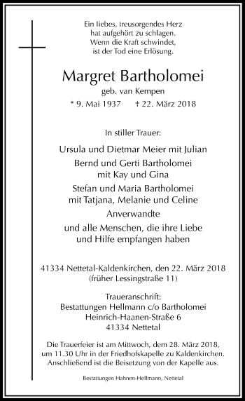 Traueranzeige von Margret Bartholomei von Rheinische Post