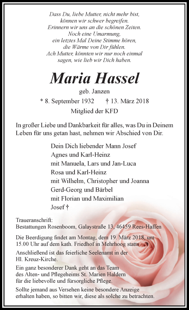  Traueranzeige für Maria Hassel vom 15.03.2018 aus Rheinische Post