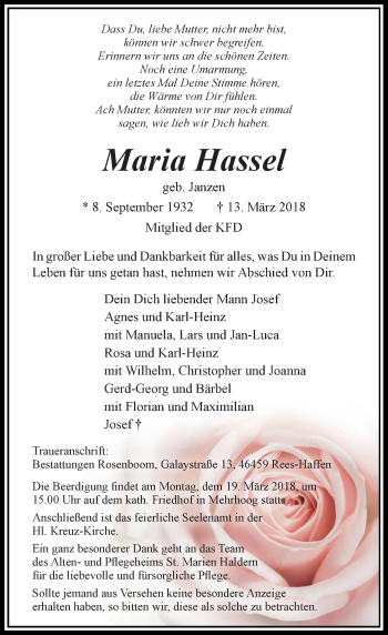 Traueranzeige von Maria Hassel von Rheinische Post