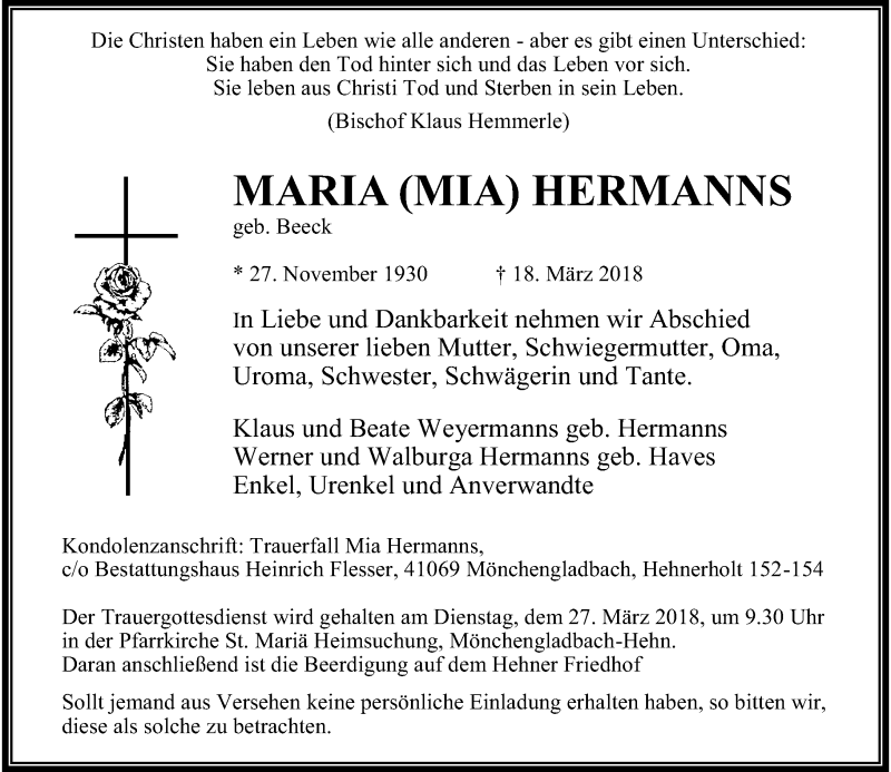  Traueranzeige für Maria Hermanns vom 24.03.2018 aus Rheinische Post