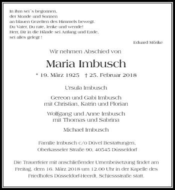 Traueranzeige von Maria Imbusch von Rheinische Post