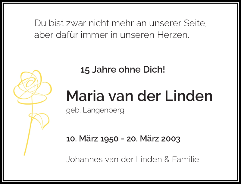  Traueranzeige für Maria van der Linden vom 20.03.2018 aus Rheinische Post